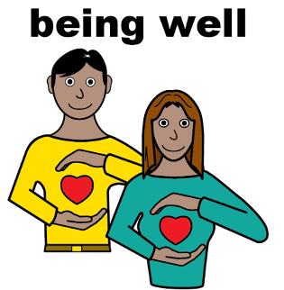 Two people, each hold a love heart, above is text which reads, being well
