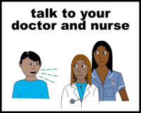 illustration showing someone talking to a doctor and a nurse