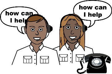 two people with headsets on and speech bubbles which say how can I help you?
